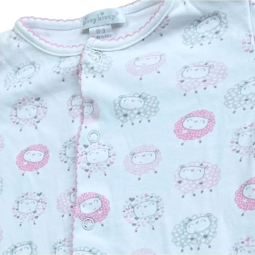Kissy Kissy Baby Pink & White Cute Sheep Pattern One Piece Footie. 0-3 Months.